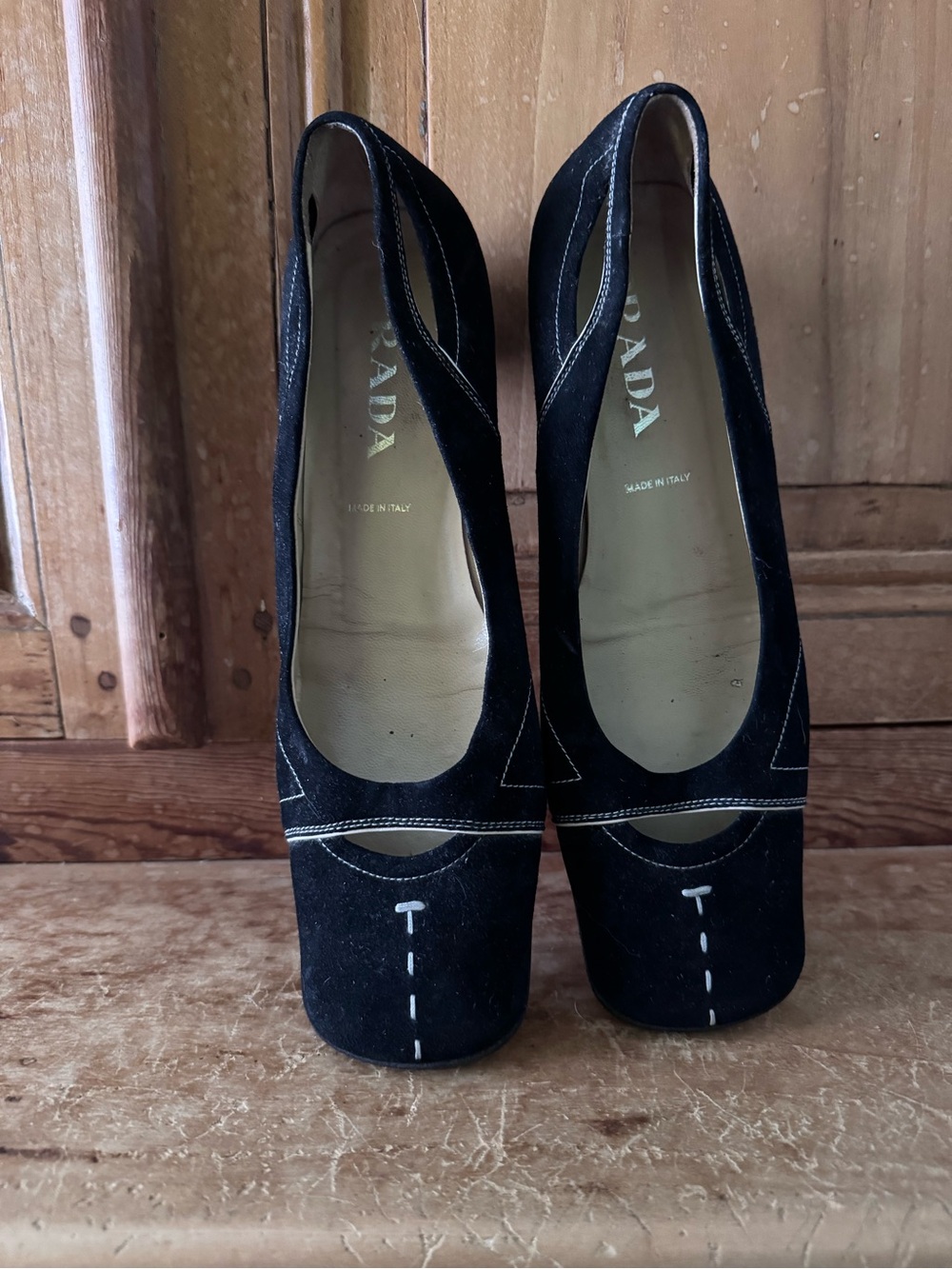 Vintage Prada Camoscio Square-Toe Block Heels with Contrast Stitching
